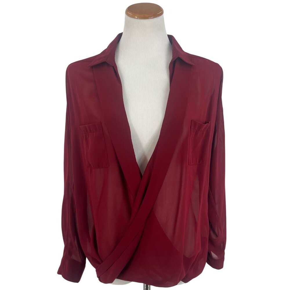 Vintage Romeo & Juliet Couture Silk Blend Burgundy Draped Surplice Sheer Blouse - Picture 3 of 16